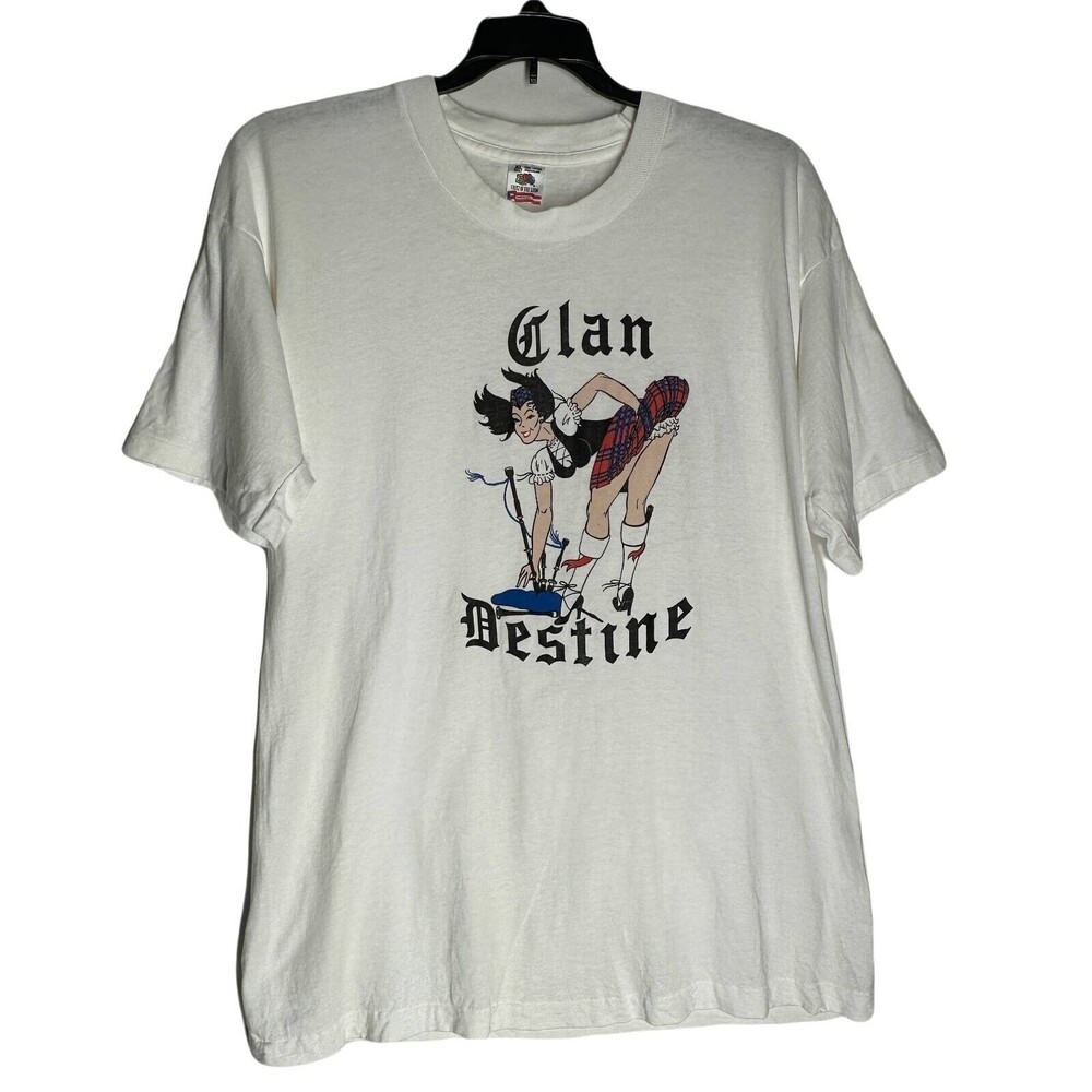 Clan Destine Mens Fruit Of The Loom Graphic T-Shirt White Short Sleeve USA XL